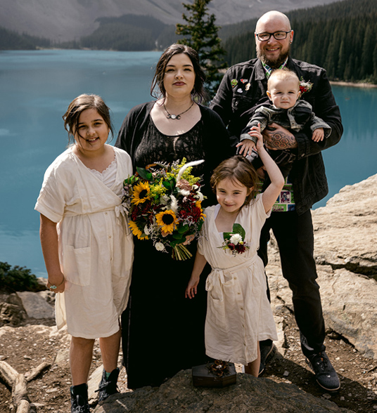 Family with mountains